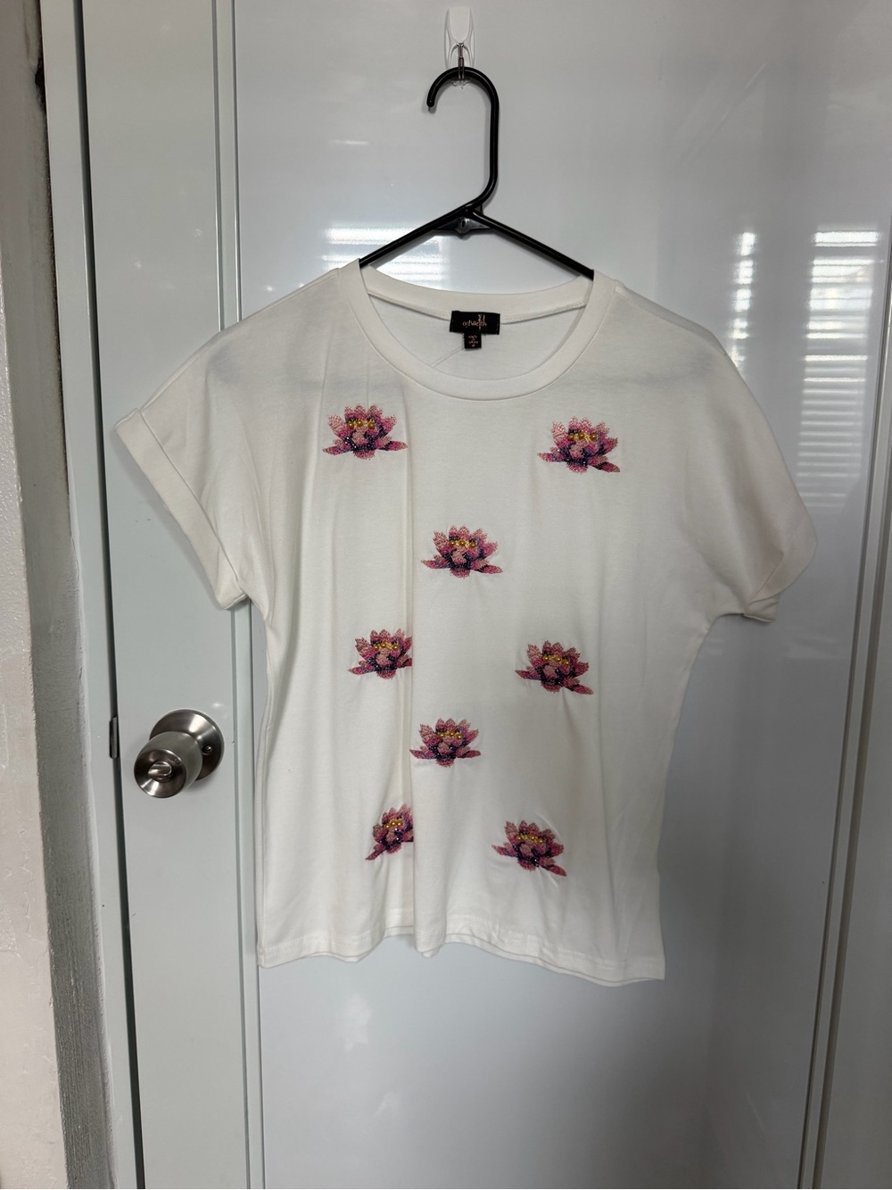 SHEIN White Tee with Pink & Purple Floral Embroidery